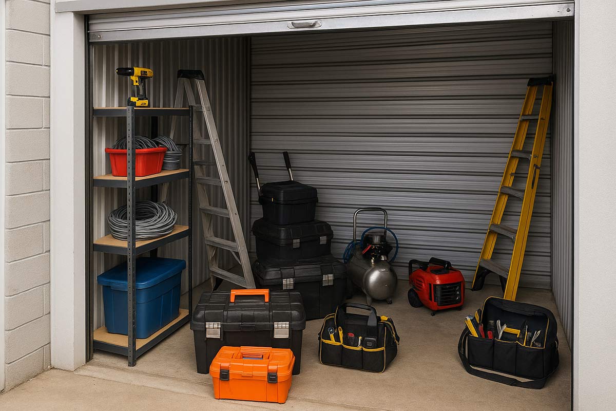 tools inside a storage unit.