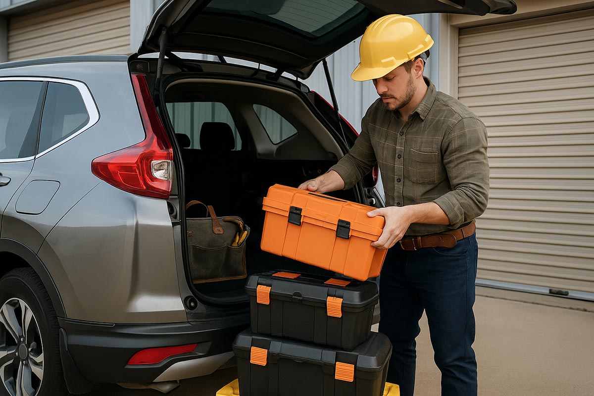 Handyman unloading vehicle outside storage unit.