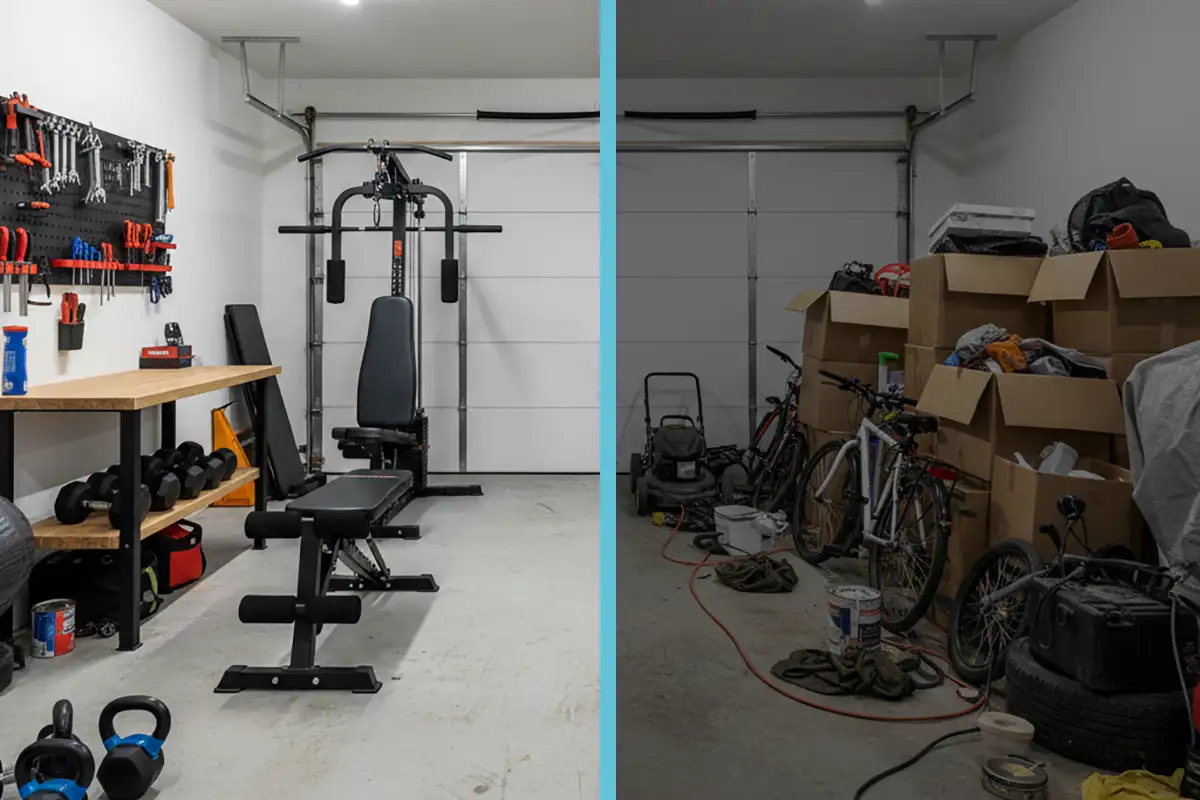 Side-by-side comparison showing a cluttered garage transformed into a clean home gym, illustrating a New Year's fitness resolution achieved through decluttering.